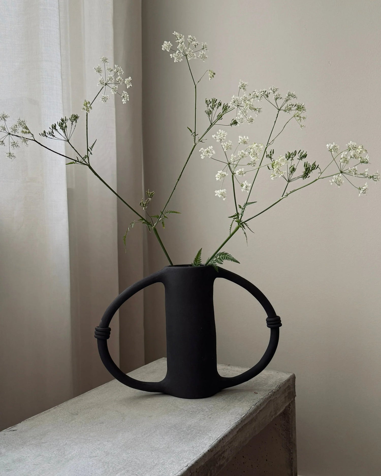 Minimalist black ceramic vase with two large handles holding delicate white wildflowers on concrete surface